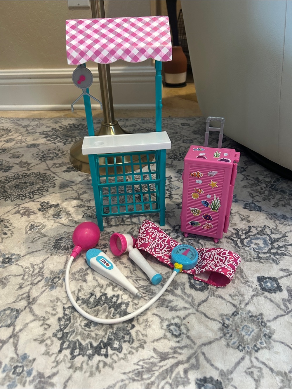 Barbie Pink & Teal grocery stand Play Medical Set with Pink Luggage